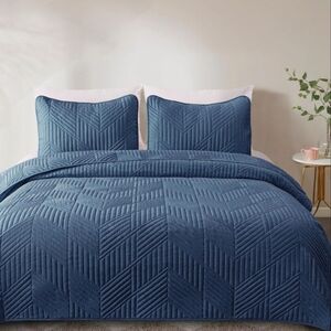 Slate Blue Geometric Brushed Microfiber Bedding King Size Bed Quilt Shams Set